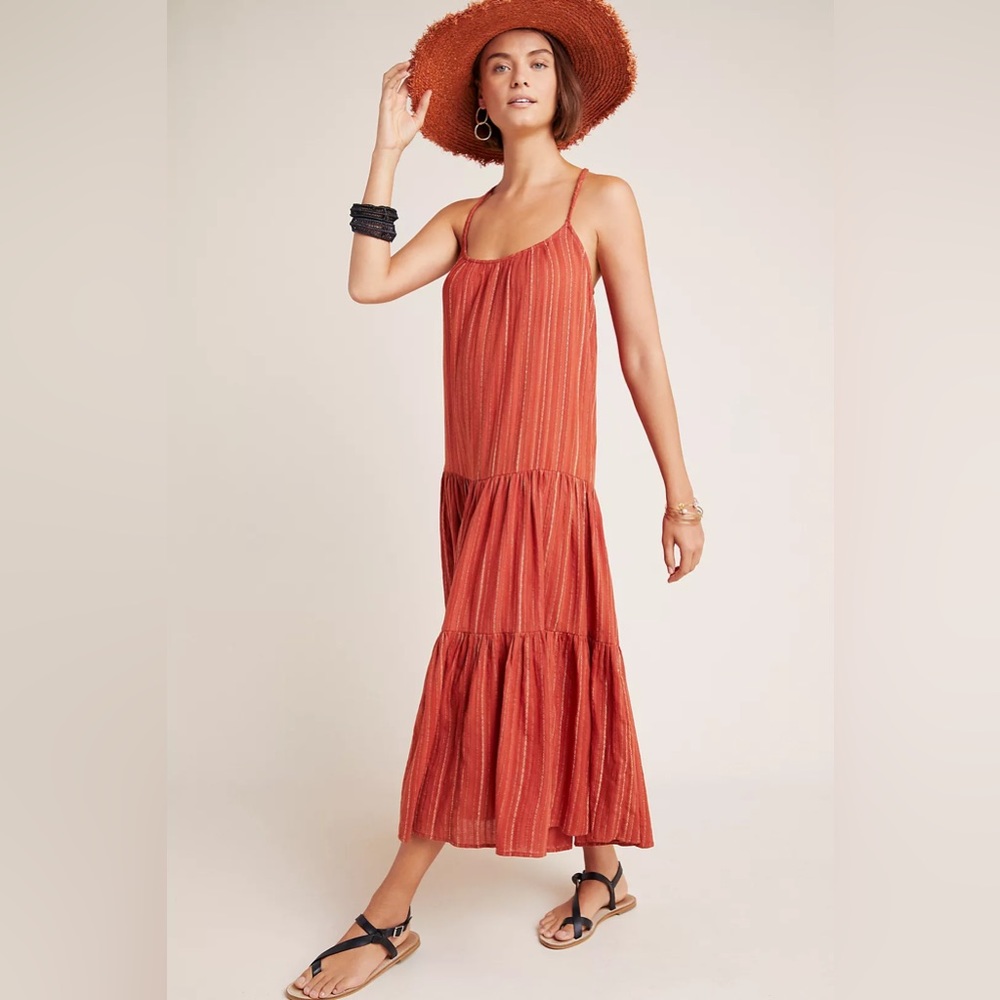 Anthropologie Rust Orange Tiered Spaghetti-Strap Maxi Dress